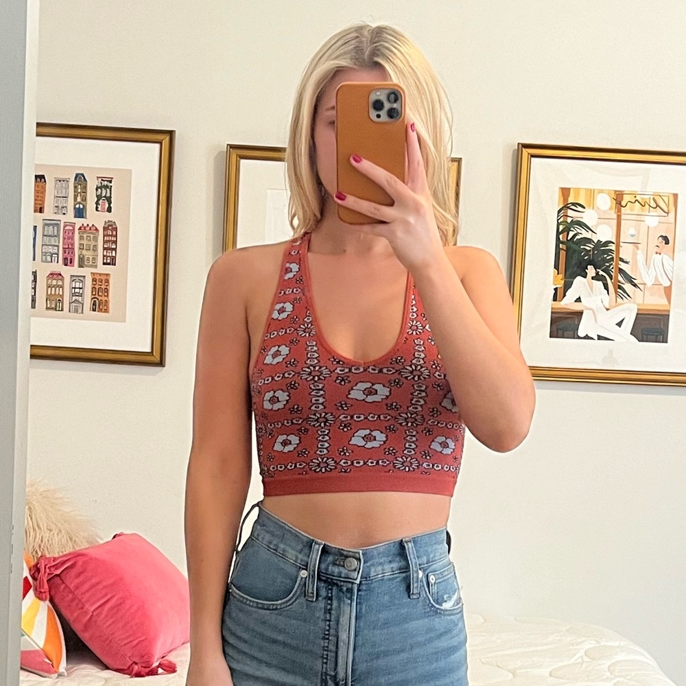 Free People Movement Razorback Crop / Bra (Coral & Light Blue Floral Print)